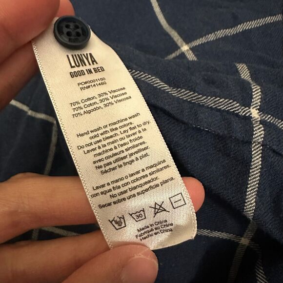 LUNYA Button Up Shirt Navy Blue Windowpane 3/4 Sleeve Cotton-Blend - Picture 8 of 9